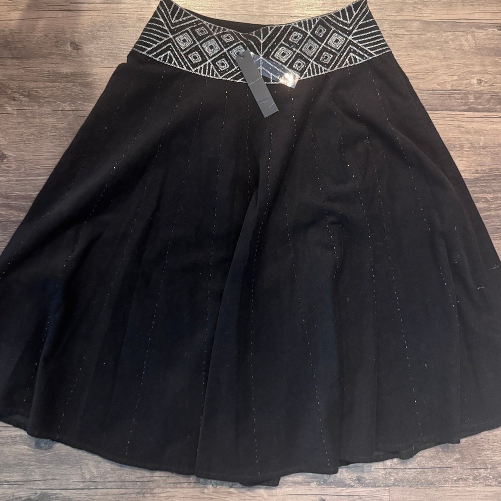 Lulumari Black Corduroy A-Line Skirt Silver Geometric Embroidered Beaded Size S
